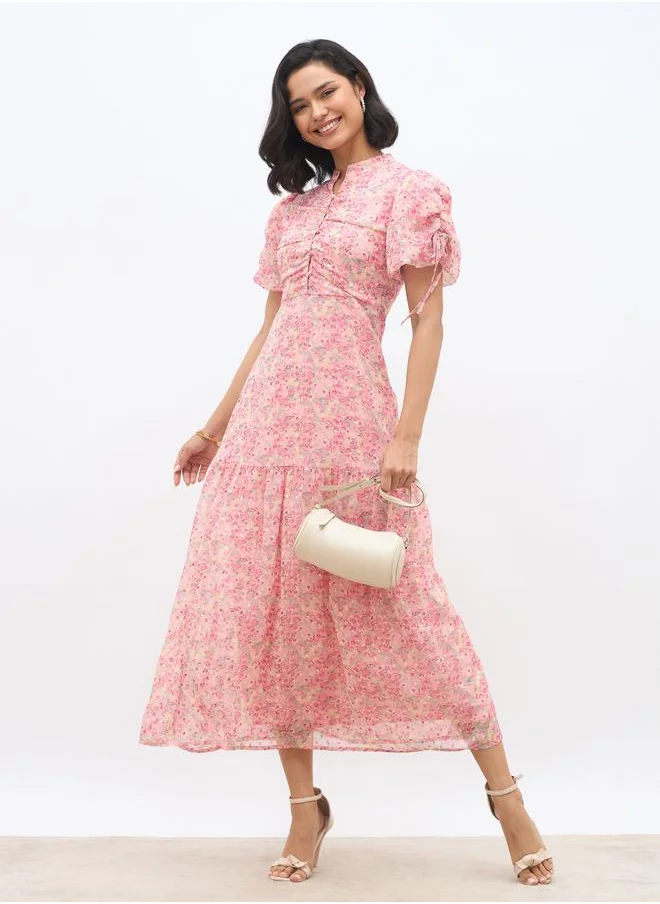 ستايلي Styli All-Over Floral Print Balloon Sleeves A-Line Maxi Dress with Ruched Detail