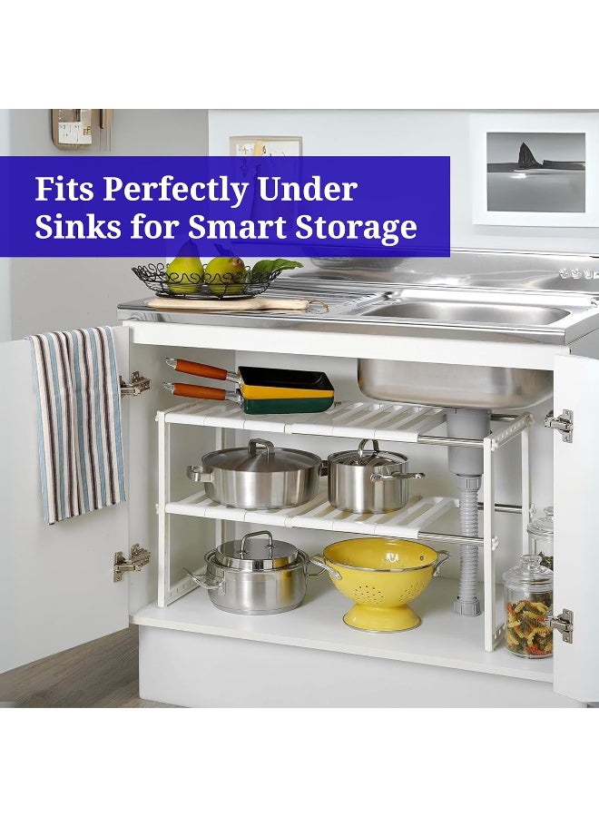 يسكن المنزل HOME DWELL منظم قابل للتوسيع تحت الحوض بطبقتين (أبيض) | رف تخزين معدني قابل للتعديل لخزانة المطبخ والحمام | رف أرفف متعدد الاستخدامات - Image 3