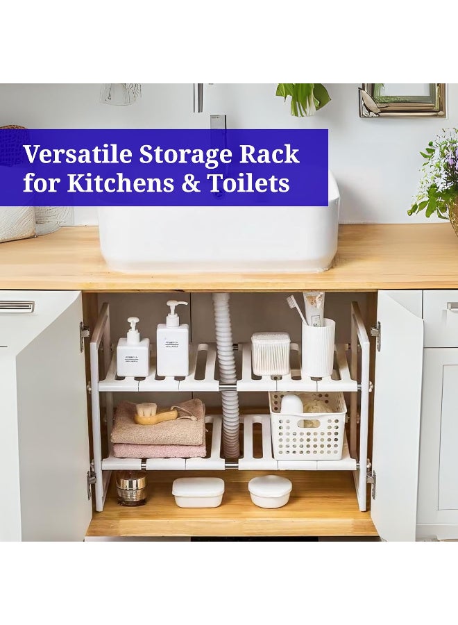 يسكن المنزل HOME DWELL منظم قابل للتوسيع تحت الحوض بطبقتين (أبيض) | رف تخزين معدني قابل للتعديل لخزانة المطبخ والحمام | رف أرفف متعدد الاستخدامات - Image 4