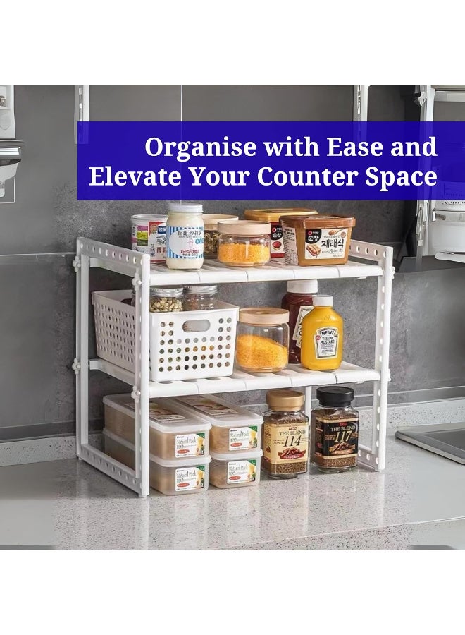 يسكن المنزل HOME DWELL منظم قابل للتوسيع تحت الحوض بطبقتين (أبيض) | رف تخزين معدني قابل للتعديل لخزانة المطبخ والحمام | رف أرفف متعدد الاستخدامات - Image 5