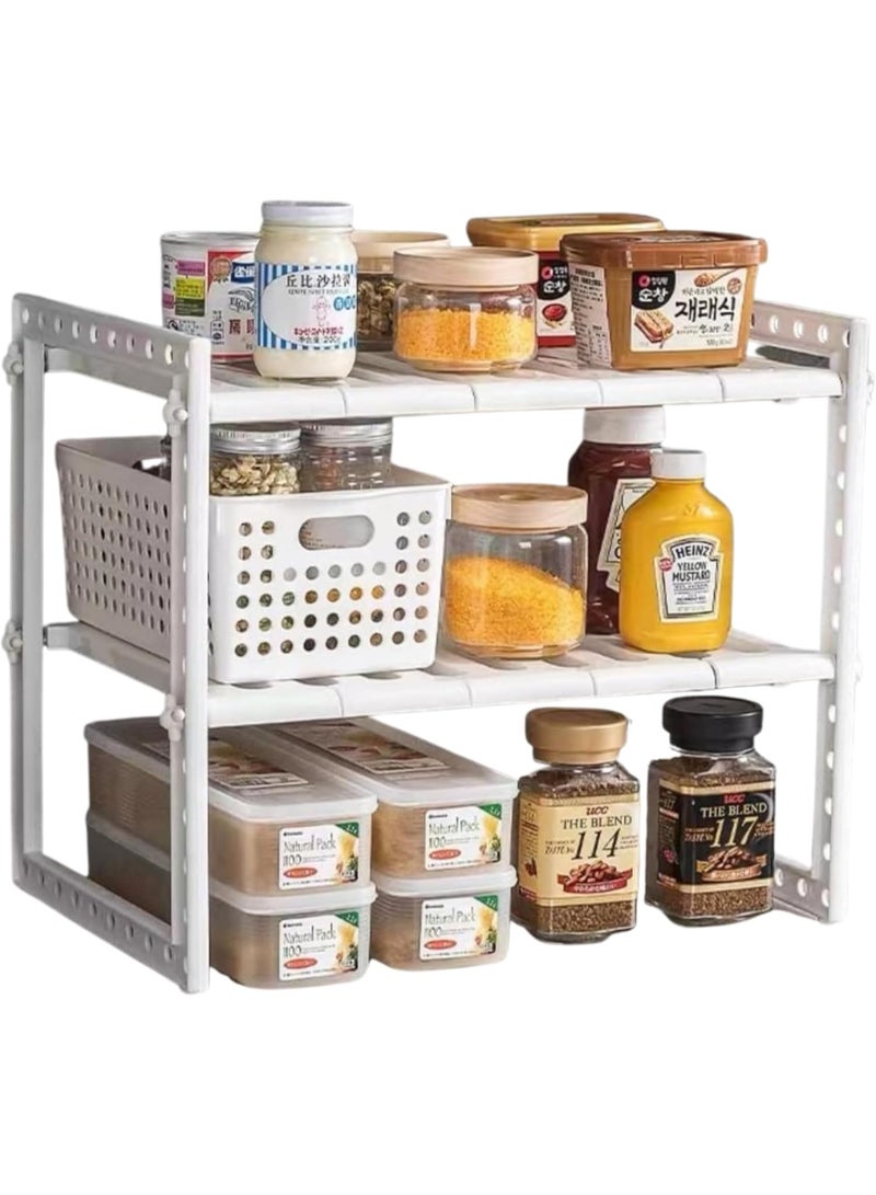يسكن المنزل HOME DWELL منظم قابل للتوسيع تحت الحوض بطبقتين (أبيض) | رف تخزين معدني قابل للتعديل لخزانة المطبخ والحمام | رف أرفف متعدد الاستخدامات - Image 1