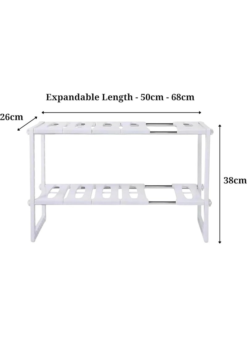 يسكن المنزل HOME DWELL منظم قابل للتوسيع تحت الحوض بطبقتين (أبيض) | رف تخزين معدني قابل للتعديل لخزانة المطبخ والحمام | رف أرفف متعدد الاستخدامات - Image 2