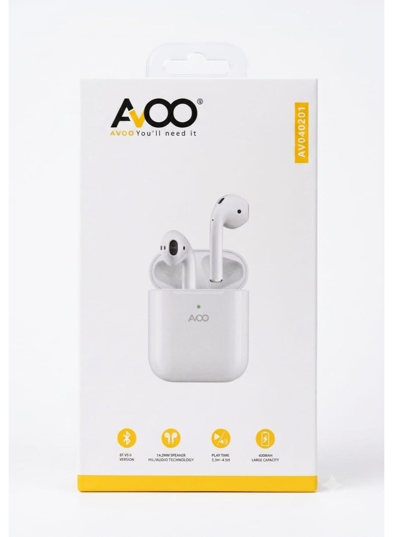 AVOO AV040201 True Wireless Earphones (White) – Bluetooth V5.0 HiFi Audio Earbuds with 400mAh Large Capacity Charging Case - Image 1