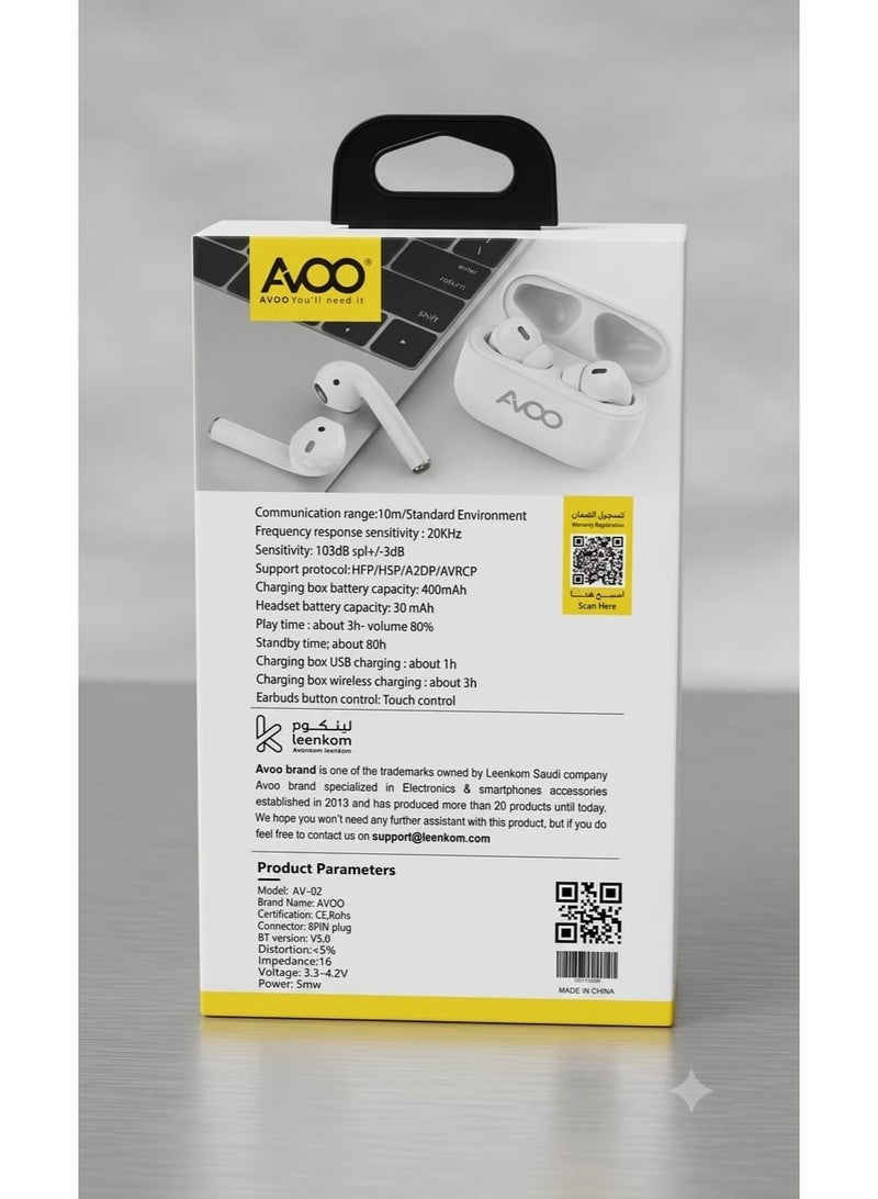 AVOO AV040201 True Wireless Earphones (White) – Bluetooth V5.0 HiFi Audio Earbuds with 400mAh Large Capacity Charging Case - Image 2
