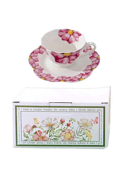 Large Floral Print Ceramic Coffee Cup With Saucer Gift Box Set，Suitable For Coffee，Tea，Hot Chocolate，Etc，Gift For Friends，Ladies Birthday，Mother's Day Gifts（Pink）