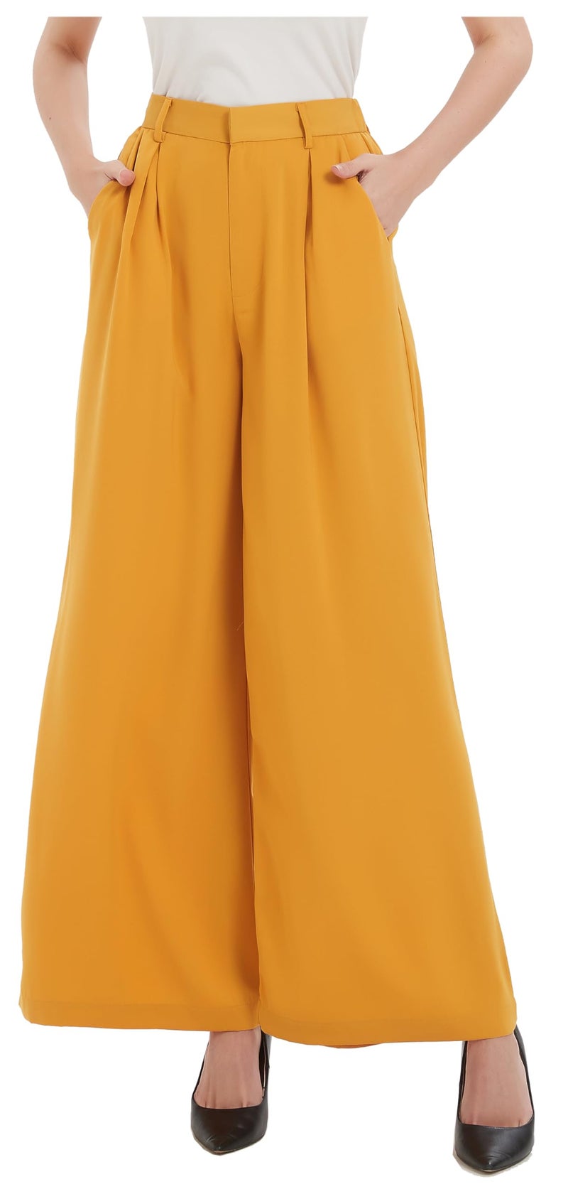 Tronjori Women High Waist Casual Wide Leg Long Palazzo Pants Trousers Regular SizeM Mustard Yellow