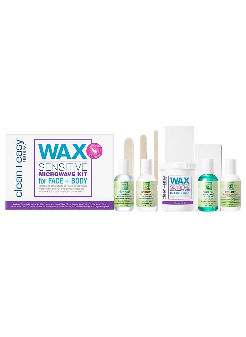 Clean + Easy Clean + Easy Sensitive Microwave Kit for Face & Body, All-in-One Waxing Essentials for Full Body Hair Removal Treatment, Soft Wax, Easy to Prepare, Convenient to Use, Safe for Delicate Skin, 10-Pc 