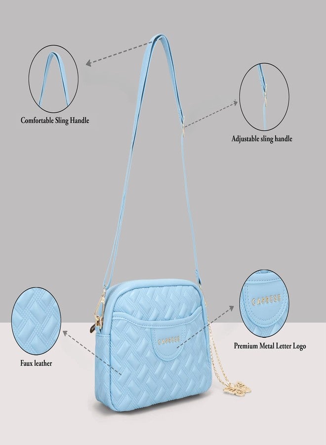 Caprese Cloud Medium Sling Bag for Women | Embossed Faux Leather Crossbody & Shoulder Bag | Adjustable & Detachable Strap | Multi-Compartment Purse with Zipper Closure & Butterfly Charm (Powder Blue) - Image 4