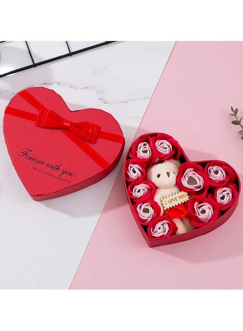 Valentine's Day Gift for Her, Romantic Red And Pink Roses Flower Gift Box with Cute Teddy Bear, Artificial Rose Scented Bath Body Petal for Valentines Day Mother's Day Birthday Gift 17x15.5x5cm 
