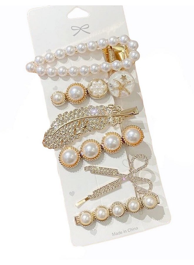 SUN Ring SUNRING Korean Style Hairpin Set for Women Pearl Rhinestone Barrettes Marble Alligator Korean Style Hair Clip Bobby Pins Korean Pins (Pack of 6, White) - Image 1