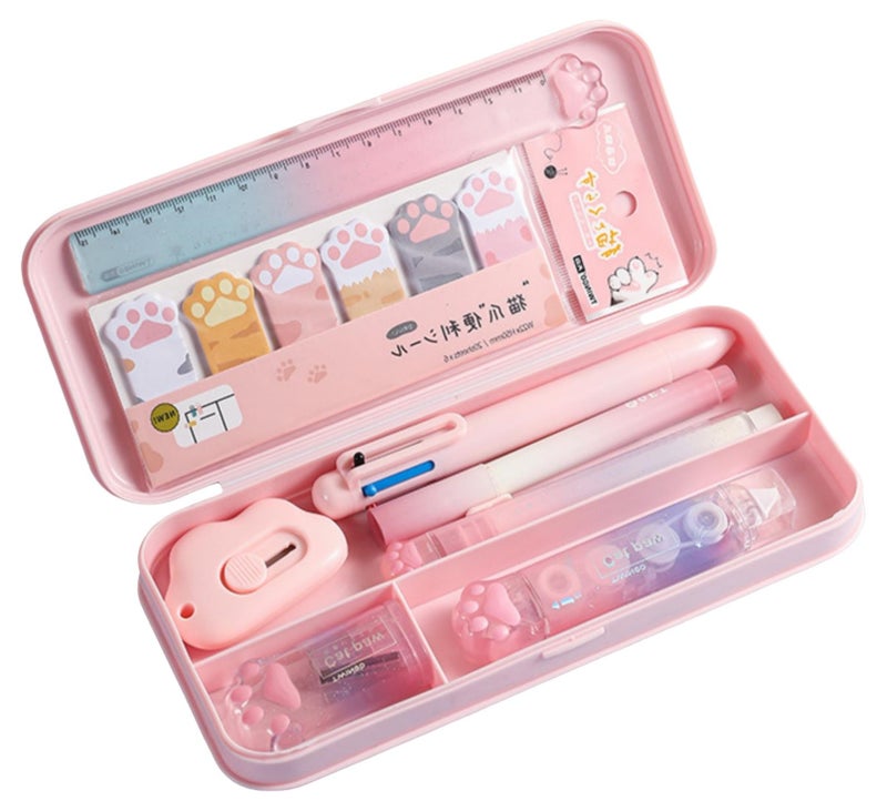 NOVOLAN Stylish Stationery Set Pencil Case, Complete Multifunctional Student Supplies Kit Box, Includes Sharpener, 6-Color Ballpoint Pens, Ruler, Frosted Pencil Case, for School & Study Needs (Pink) - Image 1