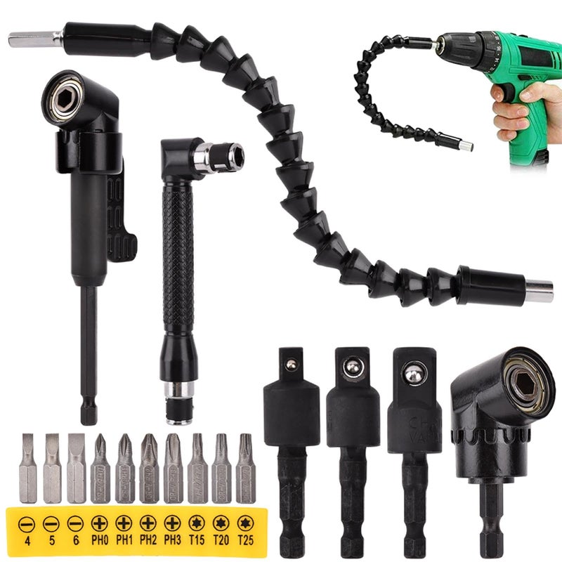 Tookie 17Pcs Flexible Drill Bit Extension, with 3pcs Rotatable Socket Adapter, 2Pcs Hex Shank 105Â° Right Angle Drill Attachment, 10pcs Short Screwdriver Bit, 90Â° Angled Bits and Bendable Drill Bit Extension - Image 1