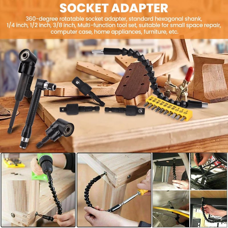 Tookie 17Pcs Flexible Drill Bit Extension, with 3pcs Rotatable Socket Adapter, 2Pcs Hex Shank 105Â° Right Angle Drill Attachment, 10pcs Short Screwdriver Bit, 90Â° Angled Bits and Bendable Drill Bit Extension - Image 4