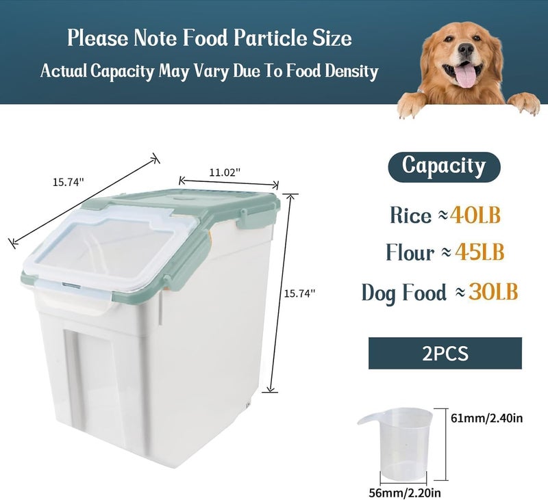 YXQ Rice Storage Container 2 Pack 50 lb Flour Storage Container with Wheels, BPA Free Food Storage Container with Measuring Cup Dog Cat Food Bin Set for Dry Food Sugar, Cereal-Green - Image 3