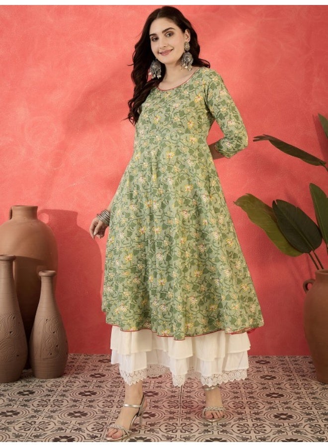 أيه كيه إس فستان ماكسي بطبقات وطبعات زهور خضراء - Image 4