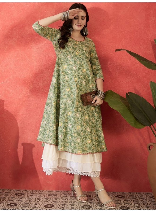 أيه كيه إس فستان ماكسي بطبقات وطبعات زهور خضراء - Image 1