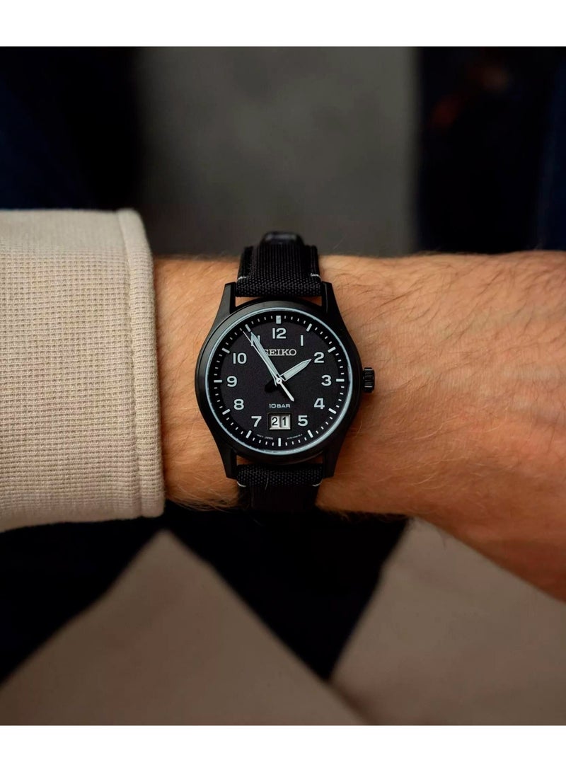 Seiko ساعة كلاسيكية SUR571P1، 39.5 مم قرص أسود، علبة من الفولاذ المقاوم للصدأ مع حزام نايلون، مقاومة للماء حتى 100 م - Image 4