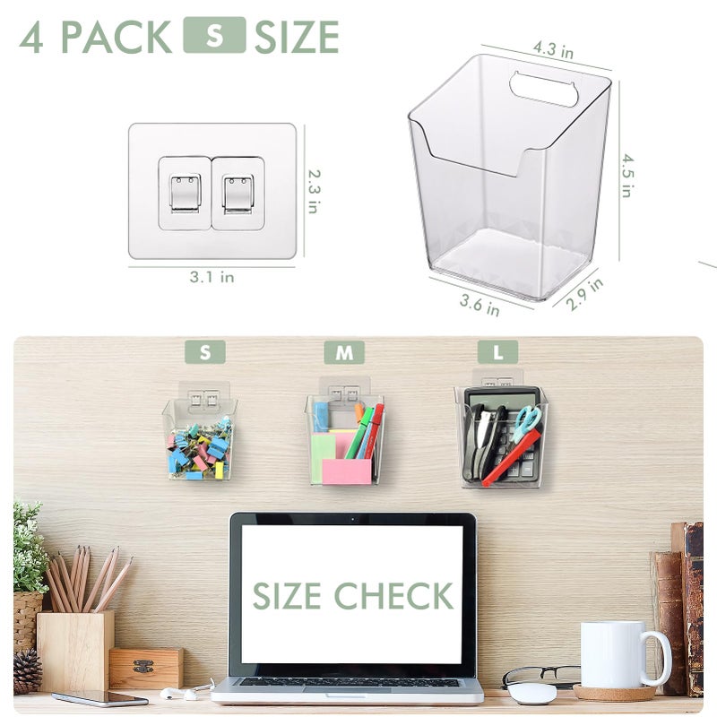LIGHT DUST Clear Adhesive Wall Storage Bins, 4 Pack Cabinet Door Organizer Holders, Hanging Wall Mount Pockets, Plastic Cups for Shower Bathroom Makeup Office Craft Remote Kitchen Sink RV Organization (Small) - Image 2
