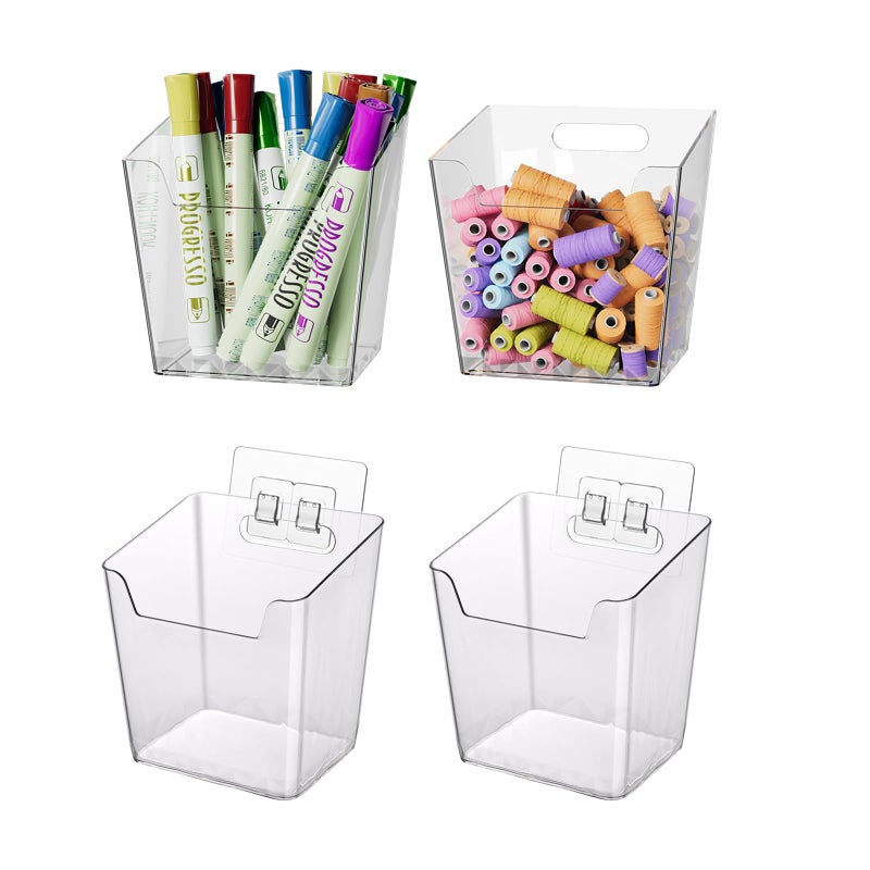 LIGHT DUST Clear Adhesive Wall Storage Bins, 4 Pack Cabinet Door Organizer Holders, Hanging Wall Mount Pockets, Plastic Cups for Shower Bathroom Makeup Office Craft Remote Kitchen Sink RV Organization (Small) - Image 1