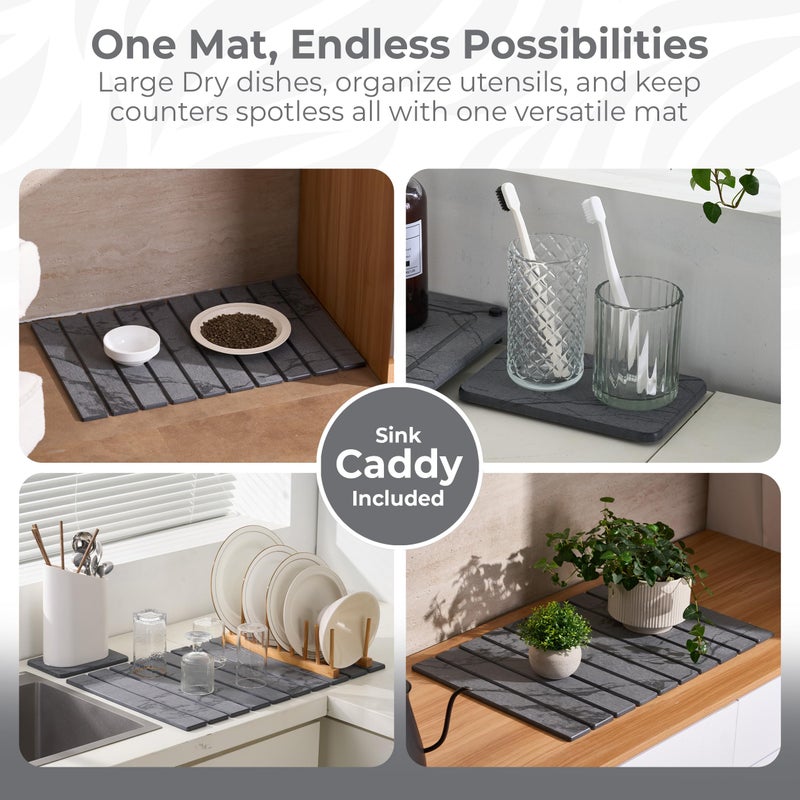 Dropereum Large Stone Dish Drying Mat for Kitchen Counter, 2PCS Stone Drying Mat for Kitchen Counter, Foldable Water Absorbing Diatomaceous Earth Drying Pad for Bottles Dish Cups(Dark Gray 24"Ã—16" & 8"x5") - Image 5