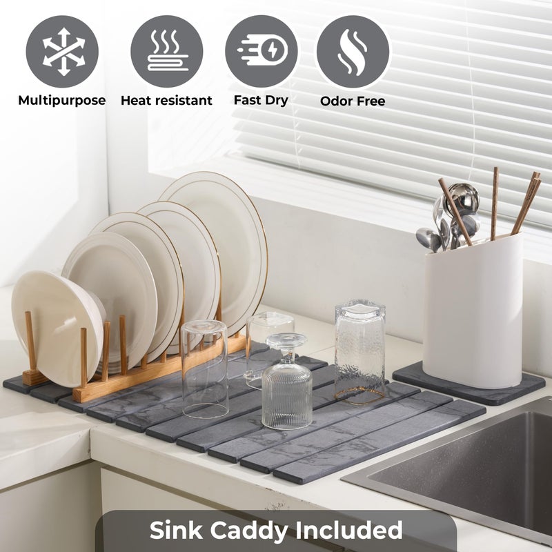 Dropereum Large Stone Dish Drying Mat for Kitchen Counter, 2PCS Stone Drying Mat for Kitchen Counter, Foldable Water Absorbing Diatomaceous Earth Drying Pad for Bottles Dish Cups(Dark Gray 24"Ã—16" & 8"x5") - Image 4