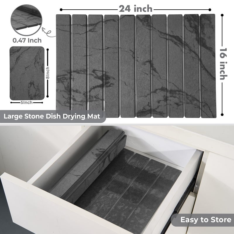Dropereum Large Stone Dish Drying Mat for Kitchen Counter, 2PCS Stone Drying Mat for Kitchen Counter, Foldable Water Absorbing Diatomaceous Earth Drying Pad for Bottles Dish Cups(Dark Gray 24"Ã—16" & 8"x5") - Image 2