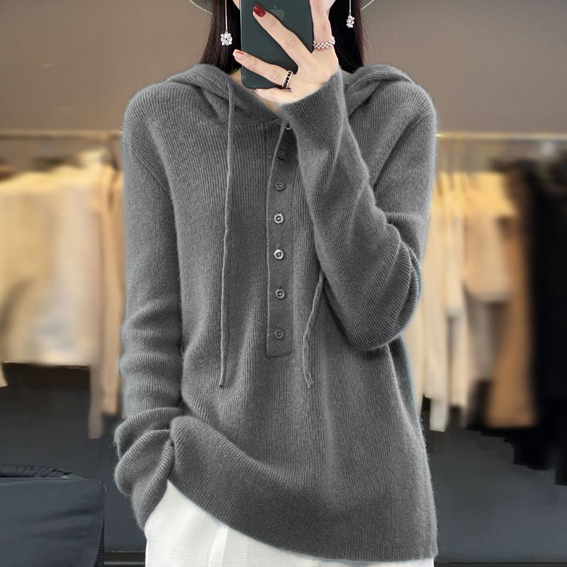 2024 New Autumn and Winter Cashmere Hoodie Womens Hooded Drawstring Buttoned Pullover Sweater Wool Knitted Bottoming Shirt Elephant gray - Image 1