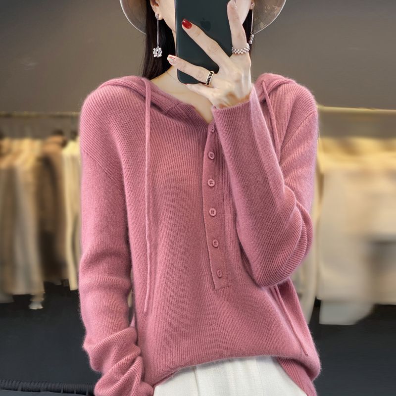 2024 New Autumn and Winter Cashmere Hoodie Womens Hooded Drawstring Buttoned Pullover Sweater Wool Knitted Bottoming Shirt Elephant gray - Image 2