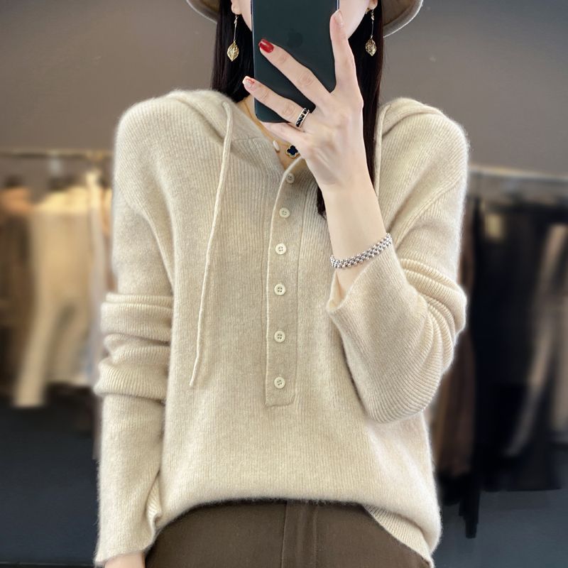 2024 New Autumn and Winter Cashmere Hoodie Womens Hooded Drawstring Buttoned Pullover Sweater Wool Knitted Bottoming Shirt Elephant gray - Image 5