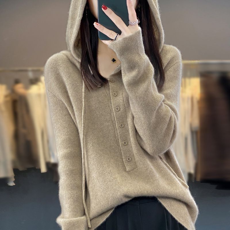 2024 New Autumn and Winter Cashmere Hoodie Womens Hooded Drawstring Buttoned Pullover Sweater Wool Knitted Bottoming Shirt Elephant gray - Image 3