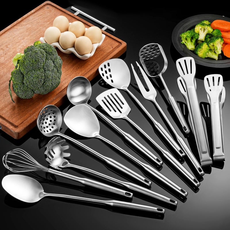 NIITAWH Stainless Steel Kitchen Utensils 12 Pcs, Small Cooking Utensils Set,Spatulas,Ladle,Skimmer,Tunners,Serving Spoon,Spaghetti Spoon,Fork,Potato Masher,Egg Whisk,Tongs,Dishwasher Safe - Image 1