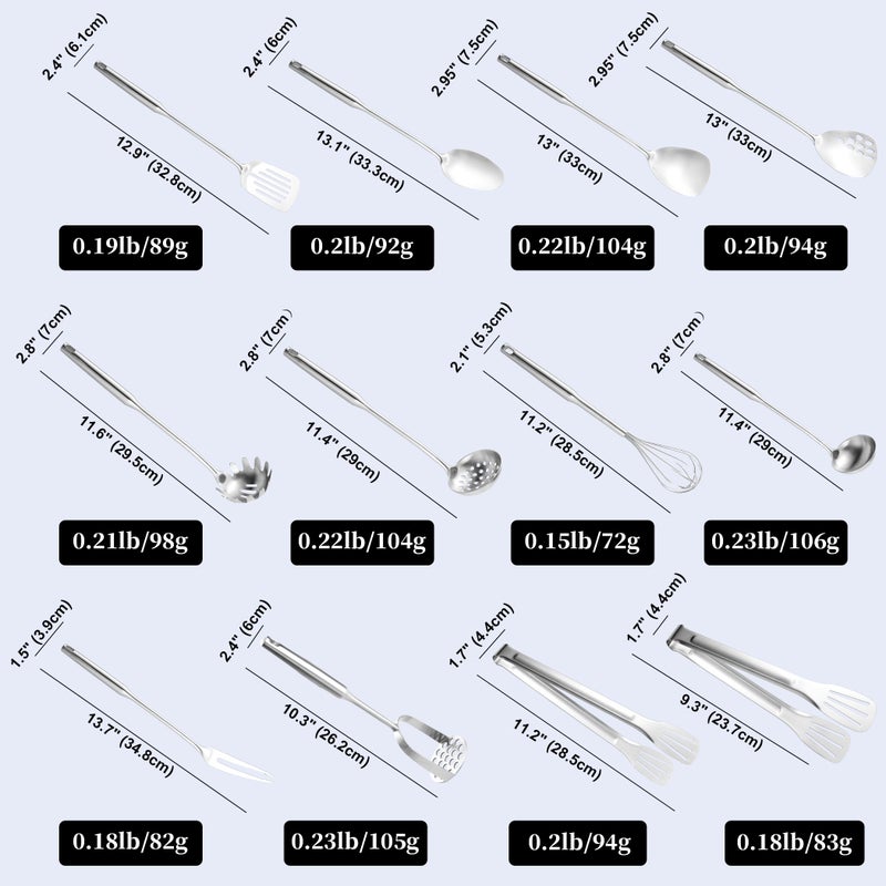 NIITAWH Stainless Steel Kitchen Utensils 12 Pcs, Small Cooking Utensils Set,Spatulas,Ladle,Skimmer,Tunners,Serving Spoon,Spaghetti Spoon,Fork,Potato Masher,Egg Whisk,Tongs,Dishwasher Safe - Image 2