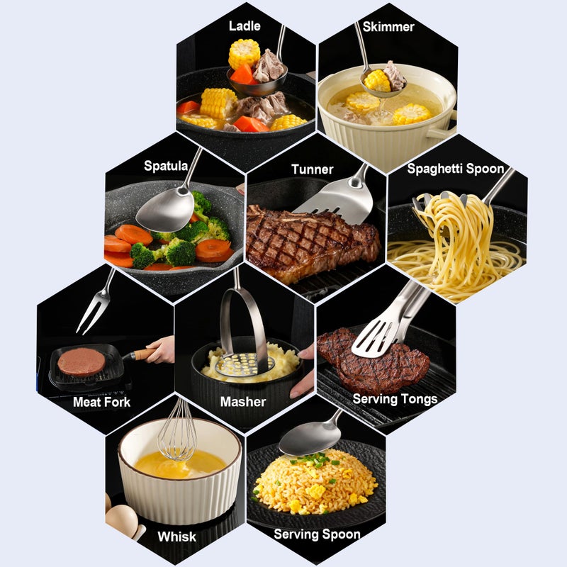 NIITAWH Stainless Steel Kitchen Utensils 12 Pcs, Small Cooking Utensils Set,Spatulas,Ladle,Skimmer,Tunners,Serving Spoon,Spaghetti Spoon,Fork,Potato Masher,Egg Whisk,Tongs,Dishwasher Safe - Image 3