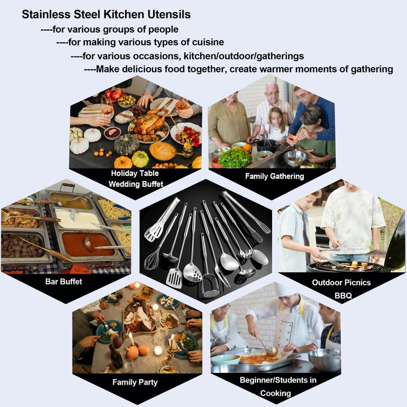 NIITAWH Stainless Steel Kitchen Utensils 12 Pcs, Small Cooking Utensils Set,Spatulas,Ladle,Skimmer,Tunners,Serving Spoon,Spaghetti Spoon,Fork,Potato Masher,Egg Whisk,Tongs,Dishwasher Safe - Image 4