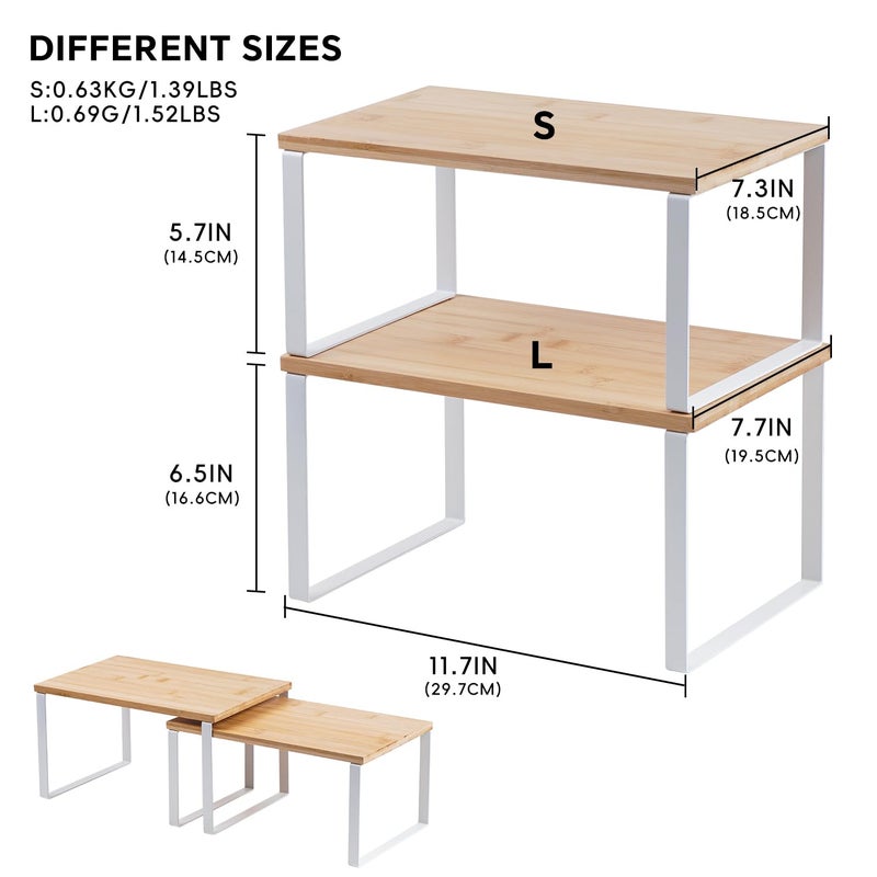 HEY FOLY Kitchen Cabinet Organizer Shelf, Set of 2 Stackable Counter Shelves, Small Wood Cabinet Riser Shelf for Pantry Cupboard Spice Dish Mug Cup, Expandable, Metal Engineered Wood (Beige & White, 11.7''W) - Image 3