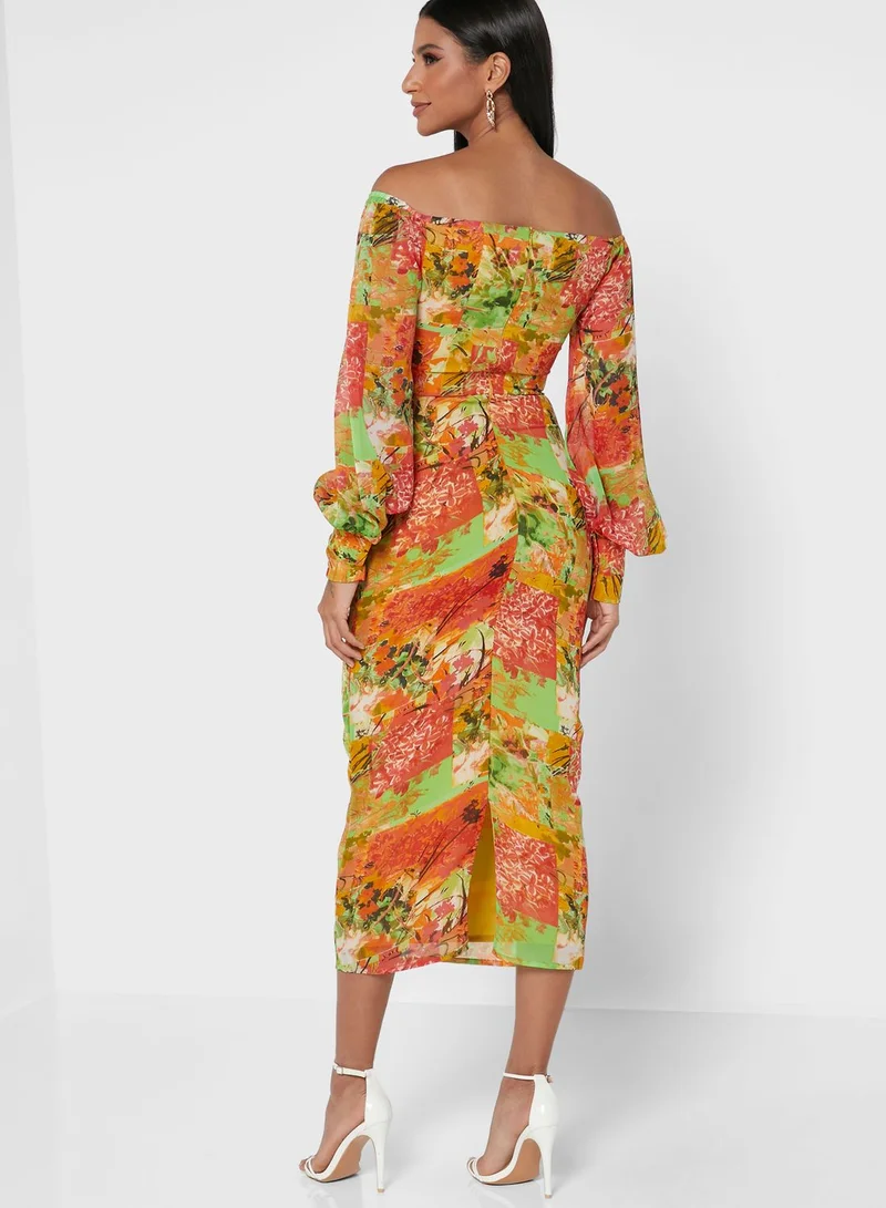 Pearls and Portraits Off Shoulder Midi Print Dress