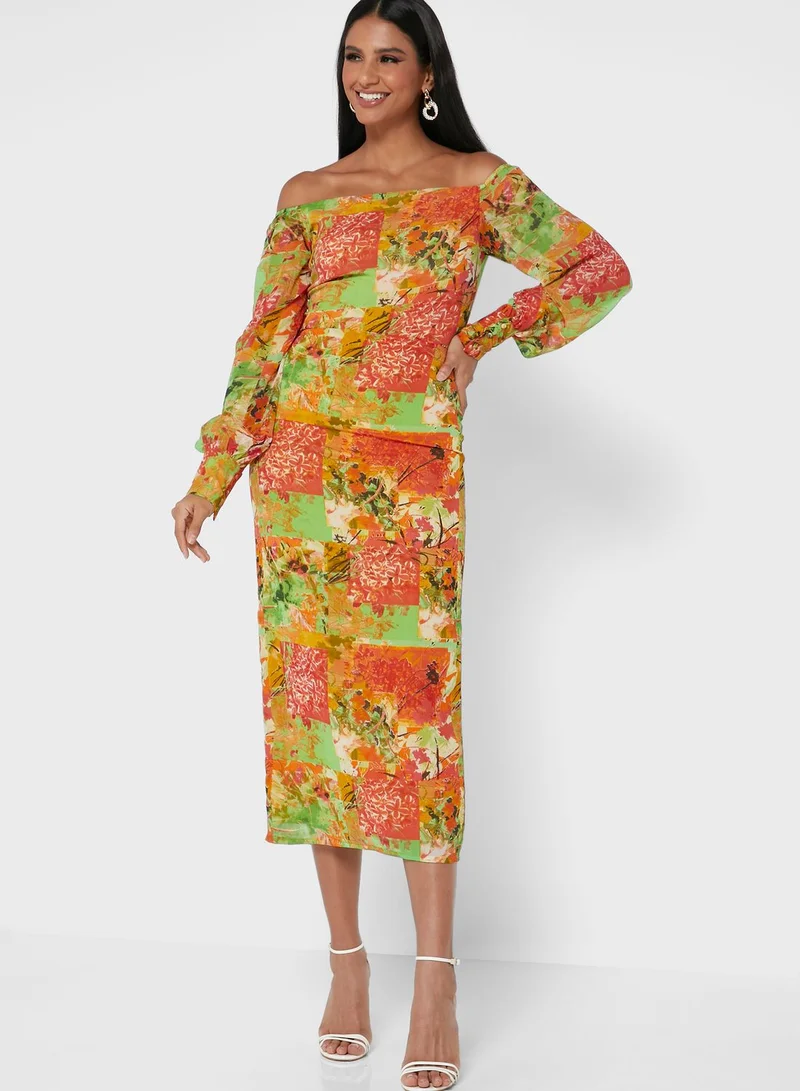 Pearls and Portraits Off Shoulder Midi Print Dress