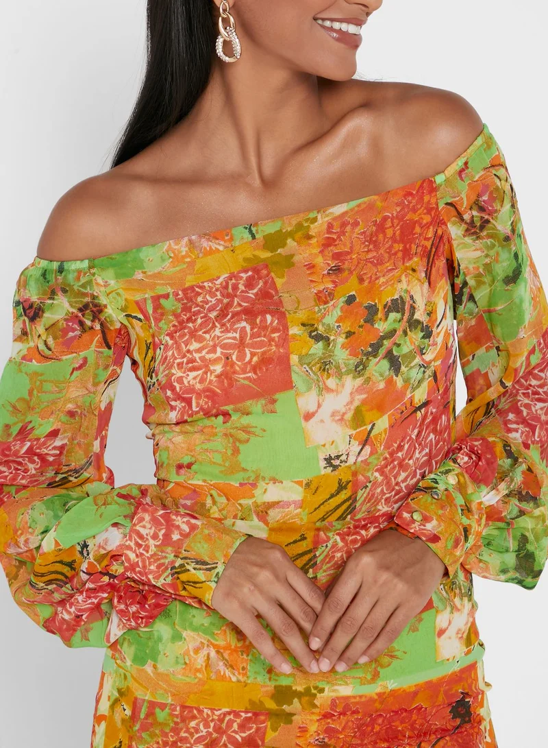 Pearls and Portraits Off Shoulder Midi Print Dress