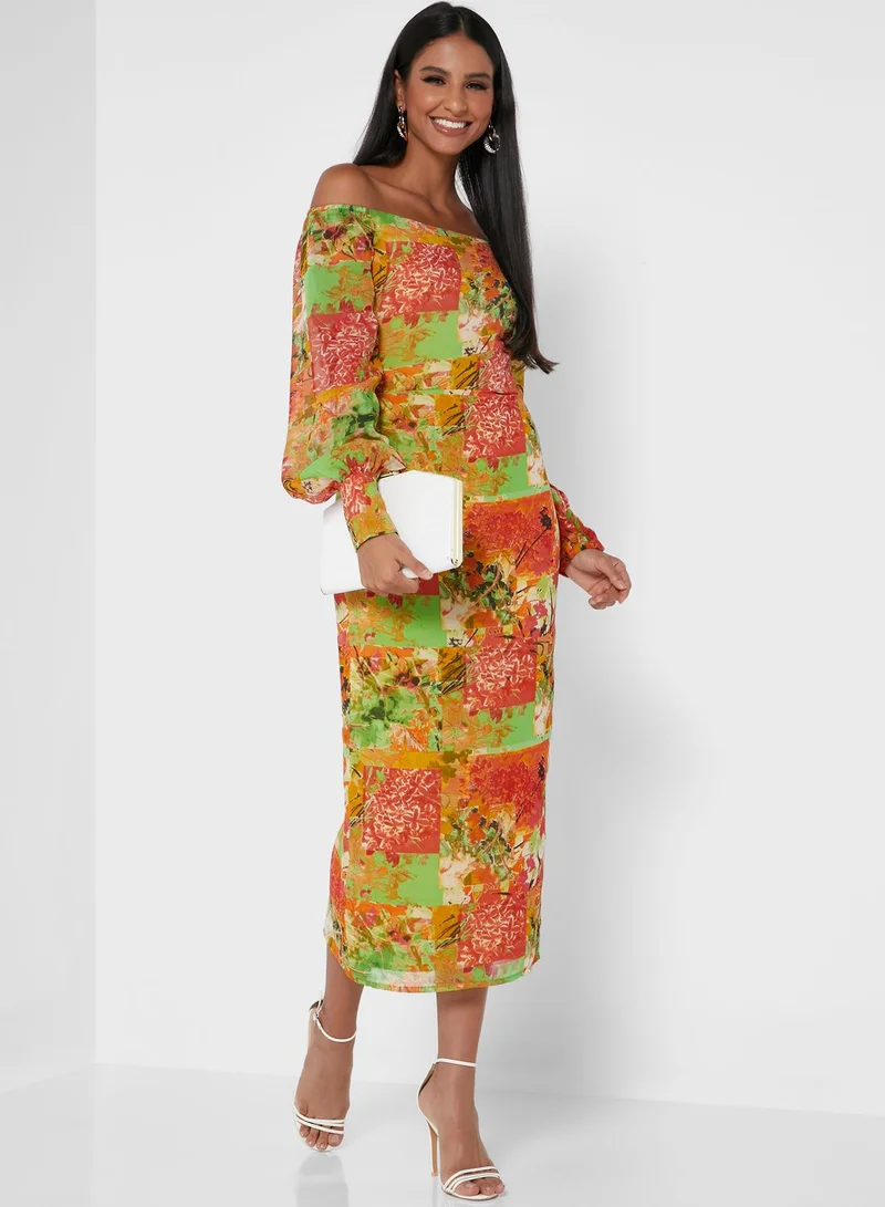 Pearls and Portraits Off Shoulder Midi Print Dress