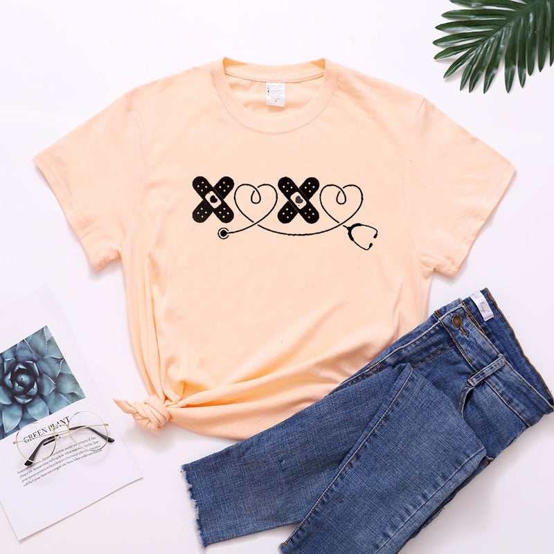 wish cross-border new spot Leisure International Nurse's day XOXO stethoscope fun printing round neck T women's short sleeve - Image 1