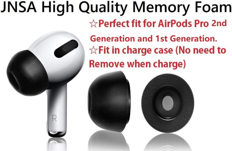 JNSA Premium Memory Foam Tips Compatible with AirPods Pro 2nd gen. and 1st gen, No Silicone Eartips Pain. Anti-Slip Eartips, Fit in The Charging Case, 4 Pairs (XS/S/M/L, Foam Black) - Image 3