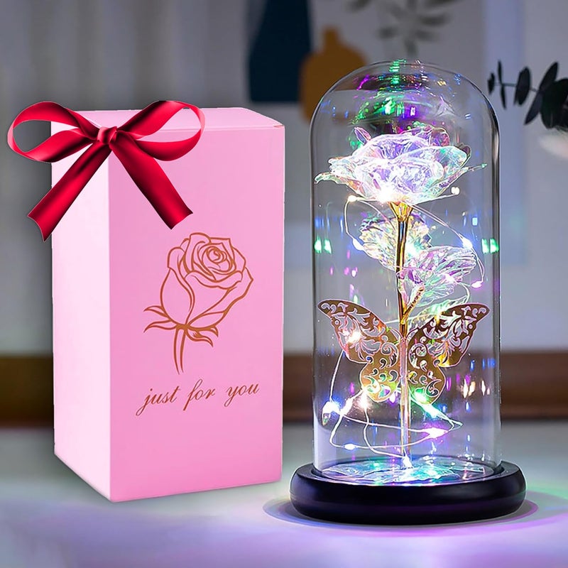 HFHungkeong Womens Birthday Gift Galaxy Rainbow Rose Flower Artificial Flower Glass Light up Dome Butterfly Rose Gift for Mother Girlfriend Grandma Sister Wife Teacher Valentines Day - Image 1