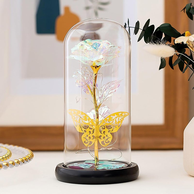 HFHungkeong Womens Birthday Gift Galaxy Rainbow Rose Flower Artificial Flower Glass Light up Dome Butterfly Rose Gift for Mother Girlfriend Grandma Sister Wife Teacher Valentines Day - Image 3