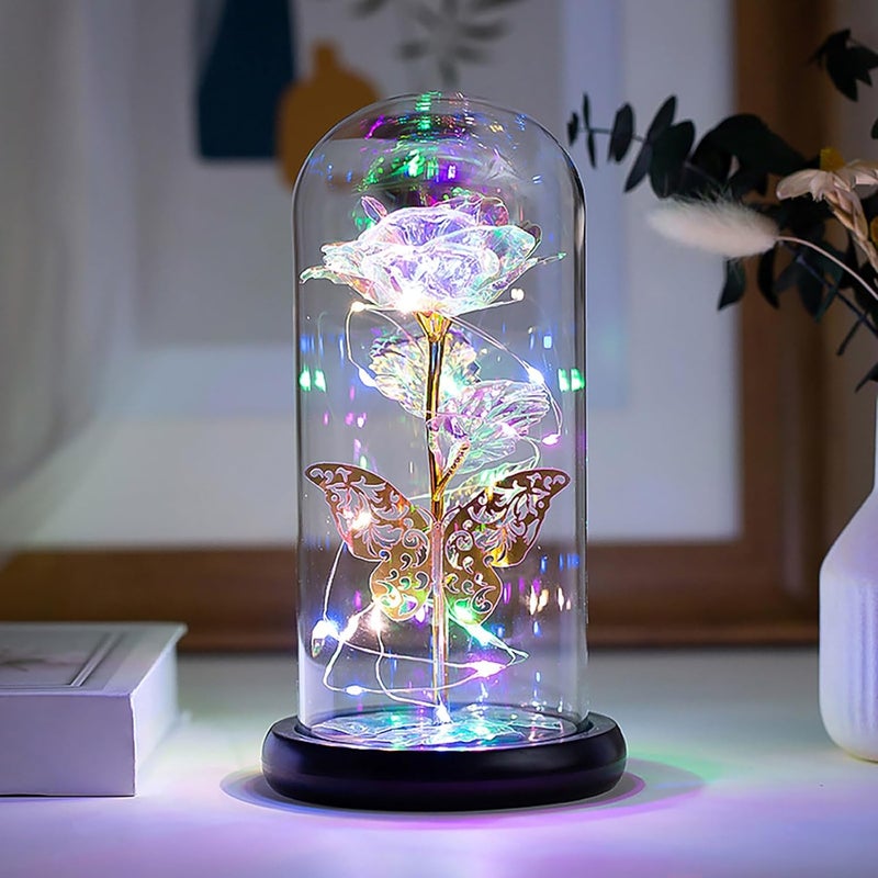 HFHungkeong Womens Birthday Gift Galaxy Rainbow Rose Flower Artificial Flower Glass Light up Dome Butterfly Rose Gift for Mother Girlfriend Grandma Sister Wife Teacher Valentines Day - Image 2