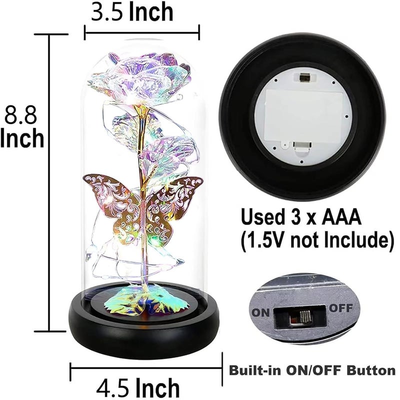 HFHungkeong Womens Birthday Gift Galaxy Rainbow Rose Flower Artificial Flower Glass Light up Dome Butterfly Rose Gift for Mother Girlfriend Grandma Sister Wife Teacher Valentines Day - Image 4