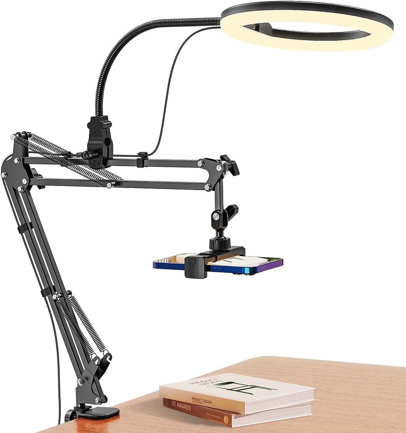 Sounce Video Mobile Stand with 10-Inch Ring Light Metal Arm with 1/4" Ball Head Overhead Desktop Stand for Camera, Mobile, GoPro Ideal for Bedroom Recording & Content Creation (10" with Ring Light) - Image 1