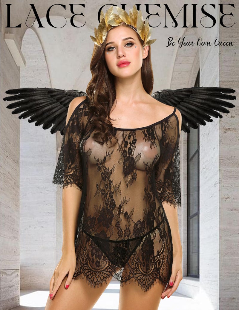 GirlFriend Women Lingerie Set Lace Solid Teddy Hot Strap Babydoll Lingerie Honeymoon Bikini with Panty Black - Image 2