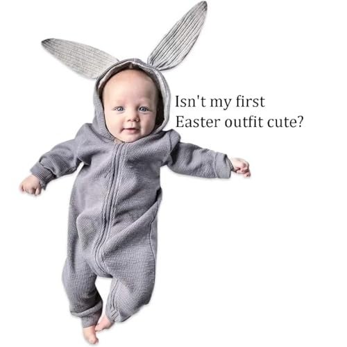 OLLULL Baby Bunny Costume, Girl or Boy Easter Outfit, Unisex Toddler Rabbit Dress Up Romper, Color Gray 12-18 Months - Image 2