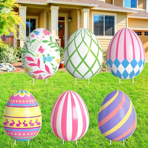 GlikCeil 6 Pcs Large Easter Eggs Yard Signs Easter Outdoor Lawn Decorations Waterproof Eggs Lawn Signs with Stakes for Spring Outdoor Garden Lawn Decoration 22 x 17 inches - Image 1
