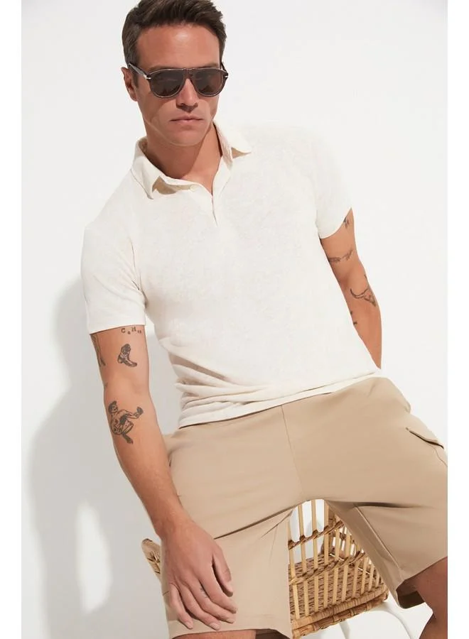 جون June Men Linen Looked Patterned Neck T-Shirt Beige